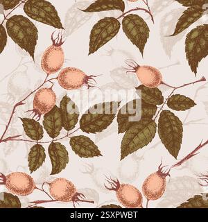Wilde Rosenblüten Zeichnung und Zeichnung mit Pointillismus. Vintage-Muster von Zweigen mit Hagebuttenfrüchten und Blättern. Stock Vektor