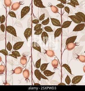 Wilde Rosenblüten Zeichnung und Zeichnung mit Pointillismus. Vintage-Muster von Zweigen mit Hagebuttenfrüchten und Blättern. Stock Vektor
