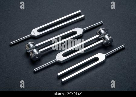 Satz gewichteter und ungewichteter Stimmgabeln aus Metall, die zum Abstimmen von Musikinstrumenten, zur Klangtherapie, zur Chakra-Heilung oder Entspannung verwendet werden. Stockfoto