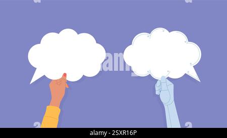 Hände halten Gesprächsblasen. Eine Hand einer Arbeiterin hält eine Sprechblase, während die andere eine Cyber-Ai ist. Menschliche Zusammenarbeit mit KI. Stock Vektor