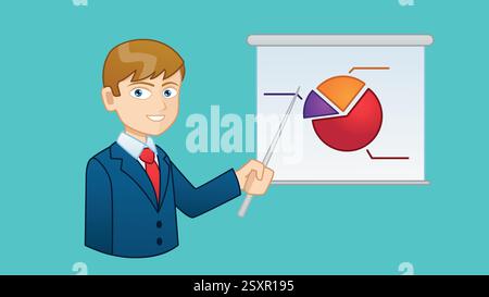 Mann im Anzug präsentiert Daten auf Flipchart mit Tortendiagramm. Vektorillustration eines lächelnden Geschäftsmannes mit braunem Haar, der Unternehmensdaten präsentiert. Stock Vektor