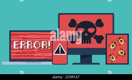 Flache Design-Vektoren für das Hacken von Computerhardware. Laptop mit Fehlermeldung. Monitor mit Schädel. Stock Vektor