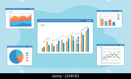 Vektorgrafiken von Datendiagrammen. Diagramme befinden sich auf Webseiten-Kacheln. Illustration in flachem Design. Tortendiagramm, Liniendiagramm und andere. Stock Vektor