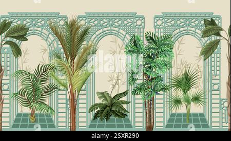 Grenze mit architektonischem Bogen, Portal und tropischen Bäumen. Vektor. Stock Vektor