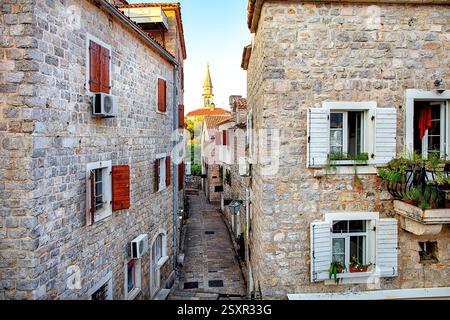 Eine malerische Gasse zwischen den Steinhäusern von Budva bietet bezaubernde Holzläden und Topfpflanzen. Stockfoto