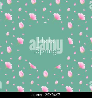Frühlingshintergrund mit Muster von Sakura-Blüten. Blumenrahmen. Botanische Vektorillustration auf grünem Hintergrund Stock Vektor