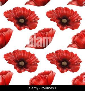 Elegantes nahtloses Muster mit rotem Mohn im Vintage-Stil auf weißem Hintergrund. Stockfoto