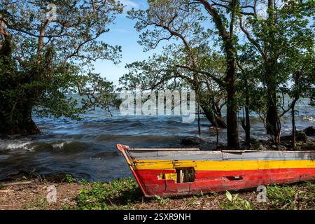 Farbenfrohes traditionelles Holzboot auf der Insel Ometepe in Nicaragua Stockfoto
