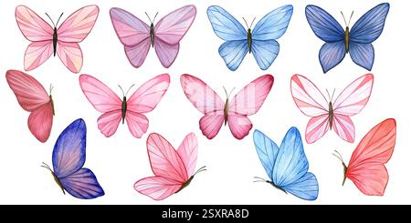 Ein Set blauer und rosafarbener Schmetterlinge. Aquarell handgemalte Illustration. Isolierte Elemente auf weißem Hintergrund. Für Hochzeits- und Geburtstagsdesign, in Stockfoto