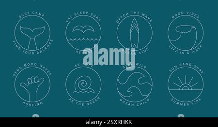 Einfaches minimalistisches Surfabzeichen, Zitat für Aufkleber, T-Shirt, Merch-Design. Trendige Ikonen über Surfen, Camp, Urlaub, Urlaub. Stock Vektor
