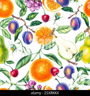 Botanisches Muster Aquarell mit Pflanzen, Früchten und Blumen. Birnen-, Pflaumen-, Orange-, Kirschmuster für die Gestaltung von Textilien, Stoffen, Verpackungen usw. klempner Stockfoto
