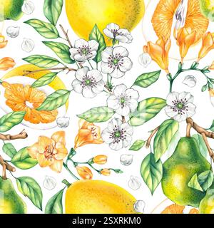 Botanisches Muster Aquarell mit Pflanzen, Früchten und Blumen. Birnen-, Freesien-, Pomelo-Muster für die Gestaltung von Textilien, Stoffen, Verpackungen usw. Plumeria Stockfoto