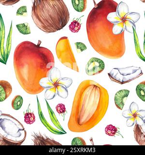 Botanisches Muster Aquarell mit Pflanzen, Früchten und Blumen. Mango-, Kokos-, Kiwi- und Himbeermuster für die Gestaltung von Textilien, Stoffen, Verpackungen usw. Stockfoto