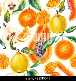 Botanisches Muster Aquarell mit Pflanzen Früchten. Papaya, Orange, Quittenmuster für die Gestaltung von Textilien, Textilien, Verpackungen und anderen Stoffen Stockfoto