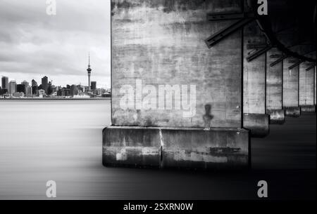 Lang belichtetes Schwarz-weiß-Bild der Skyline von auckland unter einer Brücke Stockfoto