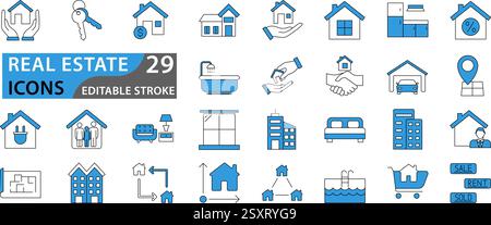 Real Estate Web-Symbolgruppe. Die Symbole wie Immobilien, Immobilien, Hypotheken, Immobiliendarlehen und vieles mehr wurden ebenfalls aufgeführt. Sammlung von Symbolen festlegen. Einfache Vektordarstellung. Stock Vektor