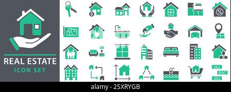 Real Estate Web-Symbolgruppe. Die Symbole wie Immobilien, Immobilien, Hypotheken, Immobiliendarlehen und vieles mehr wurden ebenfalls aufgeführt. Sammlung von Symbolen festlegen. Einfache Vektordarstellung. Stock Vektor