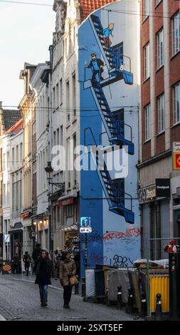 Brüssel, Belgien - 28. Februar 2016: Comic-Wandmalerei mit Tintin in Brüssel, Belgien Stockfoto