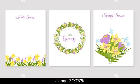 Poster oder Kartenset mit „Hello Spring“-Vorlage. Frühlingsblumen. Farbenfroher Hintergrund mit wunderschönen Blumen. Vektor-Illustration für Cover Design Marketingmaterial natürliche und organische Produkte. Stock Vektor
