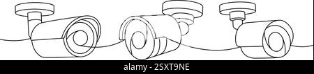 Sicherheitskameras, eine Zeile, fortlaufende Zeichnung. Externes Schutzsystem. Vektorabbildung. Stock Vektor