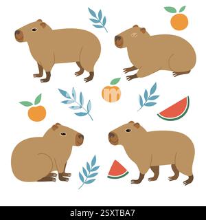 Niedliche Capybara in verschiedenen Positionen isoliert auf weißem Hintergrund. Vektor-handgezeichnete Doodle-Illustration im trendigen Stil. Stock Vektor