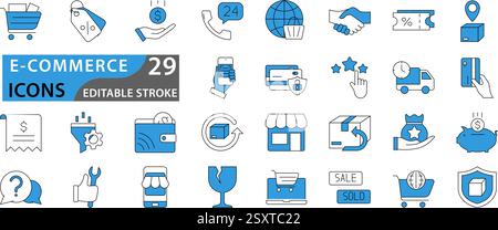 E-Commerce-Symbolgruppe. Elemente für Online-Shopping und -Lieferung. E-Business-Symbol. Legen Sie die Vektorsammlung für Symbole fest. Stock Vektor