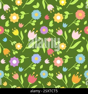 Flaches nahtloses Blumenmuster mit bunten Blumen, Blättern und Knospen auf dunkelgrünem Hintergrund. Vektor für Stoff-, Verpackungs- und Frühlingsmotive Stock Vektor