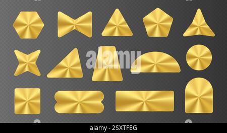 Goldene Aufkleber, goldene Metallic-Etiketten, glänzendes Papierband in verschiedenen Formen. Stock Vektor