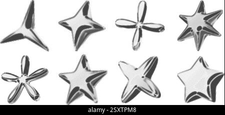 Y2K 3d Chrom Halbtonsterne Form Retro abstrakte Elemente Vektor Illustration Set. Stock Vektor