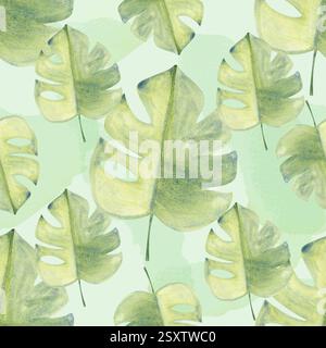 Monstera Pflanzenblatt Aquarell nahtloses Muster auf grünem Hintergrund. Hochwertiges, handgezeichnetes Designelement, perfekt zum Einpacken von Papier, stationär Stockfoto