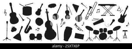 Musikinstrumente und Noten in einer kreativen schwarzen Silhouette Stock Vektor