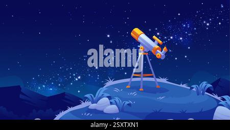 Zeichentrickteleskop auf einem Stativ auf einem Sternenhimmel. Tiefblauer Nachthimmel voller heller Sterne und kosmischer Staub. Die Berglandschaft als Blickpunkt für astronomische Beobachtungen. Astronomie-Ausbildung. Stock Vektor