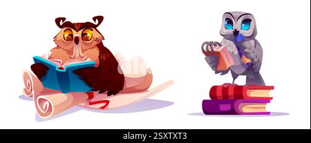 Weisen Eulen-Zeichen isoliert auf weißem Hintergrund. Vektor-Karikaturillustration des intelligenten Vogels im akademischen Hut Lesebuch, Schreiben in Notizbuch mit Bleistift, Schulpädagogik Maskottchen, Wissen Symbol Stock Vektor