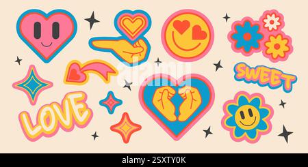 Lustige Retro-Emoticon-Sticker-Kollektion mit farbenfrohen Herzformen und lächelnden Gesichtern, Handgesten, Blumen und funkelnden Elementen. Lebendige, kühne Typografie aus Liebe und süßen Worten in nostalgischem Flair. Stock Vektor