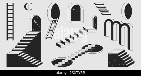 Retro-Leiter und Treppenset mit geometrischen kosmischen Formen. Minimalistische monochrome Illustrationen führen zu Mond- und Sterneportalen. Surreale Architekturelemente für mystische Poster oder kosmische Designs. Stock Vektor