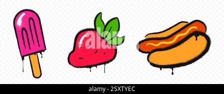 Graffiti-Symbole auf weißem Hintergrund. Vektor realistische Illustration von Street Art Sprühfarbe Skizzen, Hand gezeichnete Farbe Eis, Erdbeere, Hot Dog mit schwarzen Spritzern und Tropfen Stock Vektor