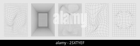Y2K verzerrte Gitterhintergründe mit Wellen-, Tunnel- und abstrakten Mustereffekten. Minimalistische Linienkompositionen. Retro-Drahtmodelle für digitale Kunst oder technisches Design. Surreal wellig und perspektivisch bg. Stock Vektor