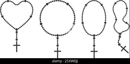 Rosenkranzperlen-Silhouetten-Set. Gebetsherzschmuck für Meditation. Katholisches chaplet mit Kreuz. Religionssymbol. Vektorabbildung. Stock Vektor