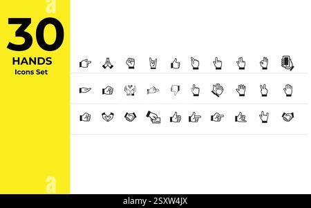 Handgestenlinien-Symbolsatz – 30 Umrisssymbole für Kommunikation, Emotionen, geschäftliche und soziale Interaktion Stock Vektor