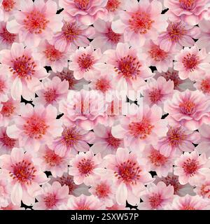 Blüten eines blühenden Frühlingsbaums im Flug. Nahtloses Muster aus Kirschen, Apfeln, Mandelblättern auf schwarzem Hintergrund. Aquarellvorlage für Hanami sa Stockfoto