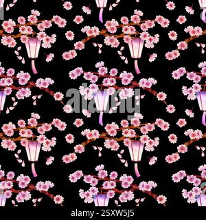 Blühende Äste einer rosa Blüte mit einer brennenden japanischen Laterne. Nahtloses Muster von Frühlingskirsche, Apfel, Mandelbaum auf schwarzem Hintergrund. Wasser Stockfoto