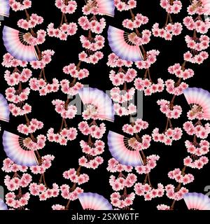 Blühende Zweige mit rosa Blüten mit einem Faltpapierfächer. Nahtloses Muster von Frühlingskirsche, Apfel, Mandelbaum auf weißem, schwarzem Hintergrund. Wat Stockfoto