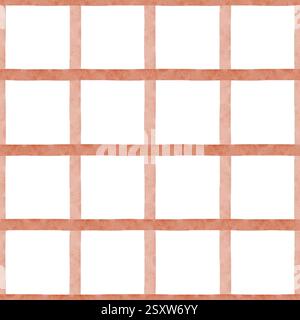 Aquarellmuster in rotem und rosa kariertem nautischem Stil. Pinselstriche bilden ein Korallengitter. Handgezeichnete Abbildung. Abstrakter, nahtloser Druck für Stockfoto