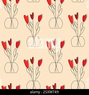 Rotes Blumenmuster mit Tulpen in Vase auf beigefarbenem Hintergrund Stock Vektor