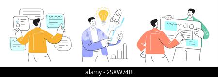 Personen, die an der Software- oder Webentwicklung beteiligt sind. Geschäftsaktivitäten. Funktionierendes Programmiergerät, Start Stock Vektor