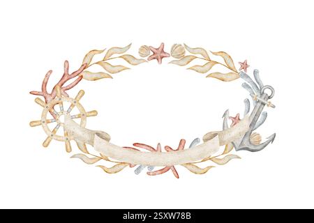 Aquarellrahmen Anker, Lenkrad, Korallen, Algen, Muscheln, Seesterne. Handgezeichnete Illustration in Pastellfarben. Kranzvorlage mit Textfeld für Stockfoto