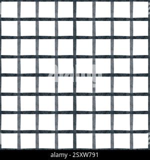 Aquarellmuster mit geometrischem Muster, blau kariert. Dunkelgraues Raster löschen. Illustration im nautischen Stil auf weißem Hintergrund. Abstrakter, nahtloser Druck für Stockfoto