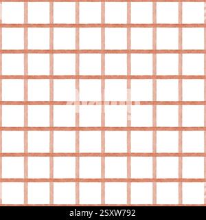 Geometrisches Aquarellmuster in rosa Karomuster. Kristallklares Korallengitter. Handgezeichnete Illustration auf weißem Hintergrund. Abstrakter, nahtloser Druck für Textilien Stockfoto