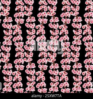 Rosa blühende Zweige eines blühenden Frühlingsbaumes. Nahtloses Muster von Kirsche, Apfel, Mandelblüten auf schwarzem Hintergrund. Wasserfarbe t Stockfoto
