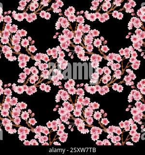 Rosa blühende Zweige eines blühenden Frühlingsbaumes. Nahtloses Muster von Kirsche, Apfel, Mandelblüten auf schwarzem Hintergrund. Wasserfarbe t Stockfoto